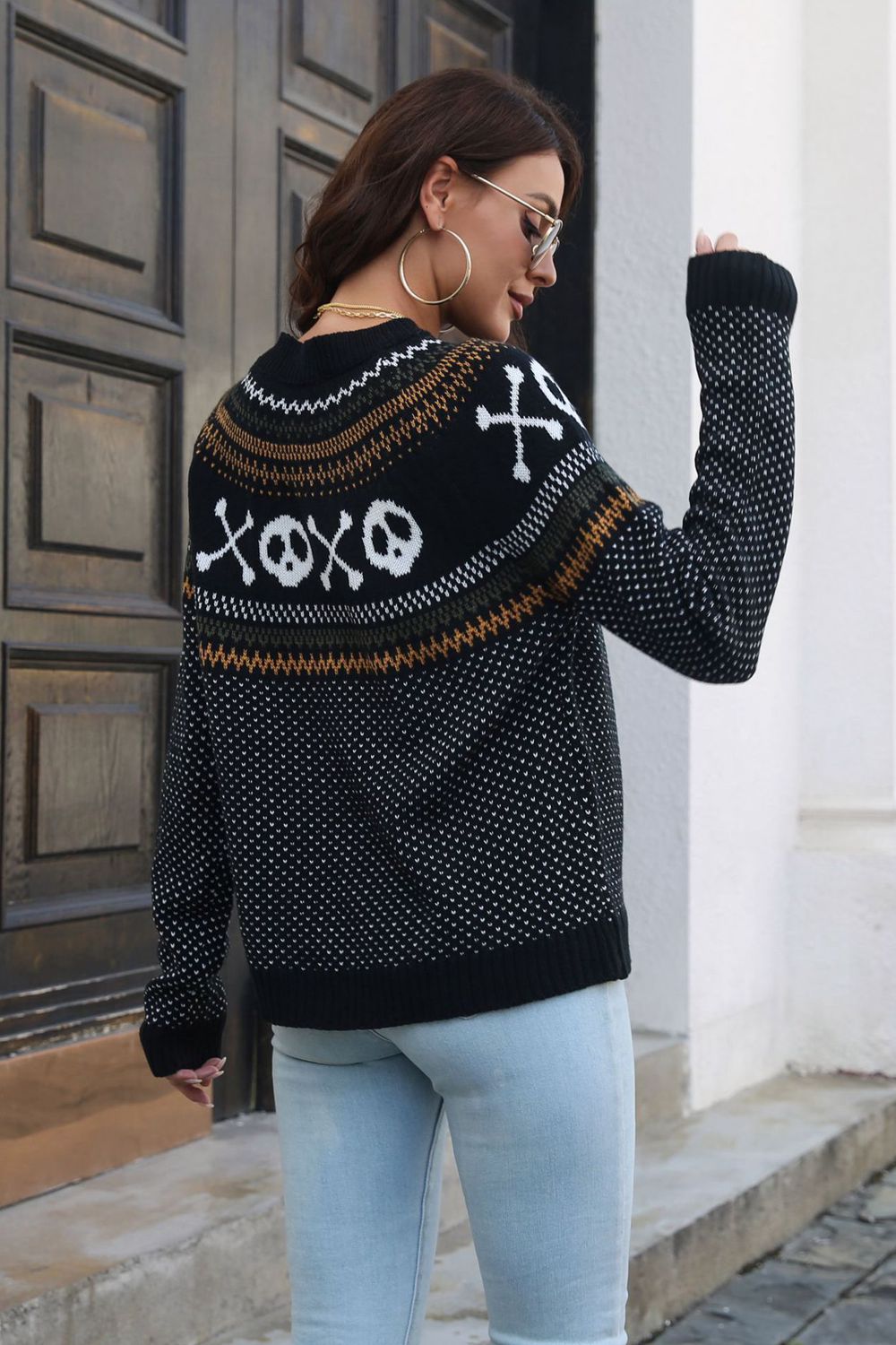 Skull Pattern Round Neck Long Sleeve Sweater