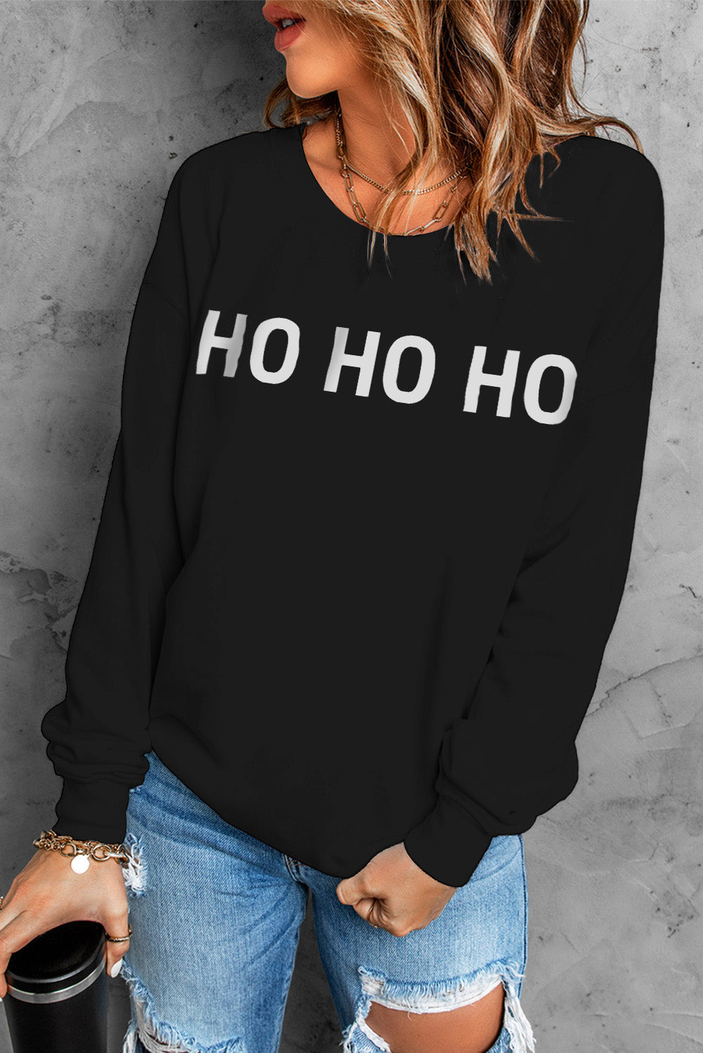 HO HO HO Graphic  Round Neck Christmas Sweatshirt