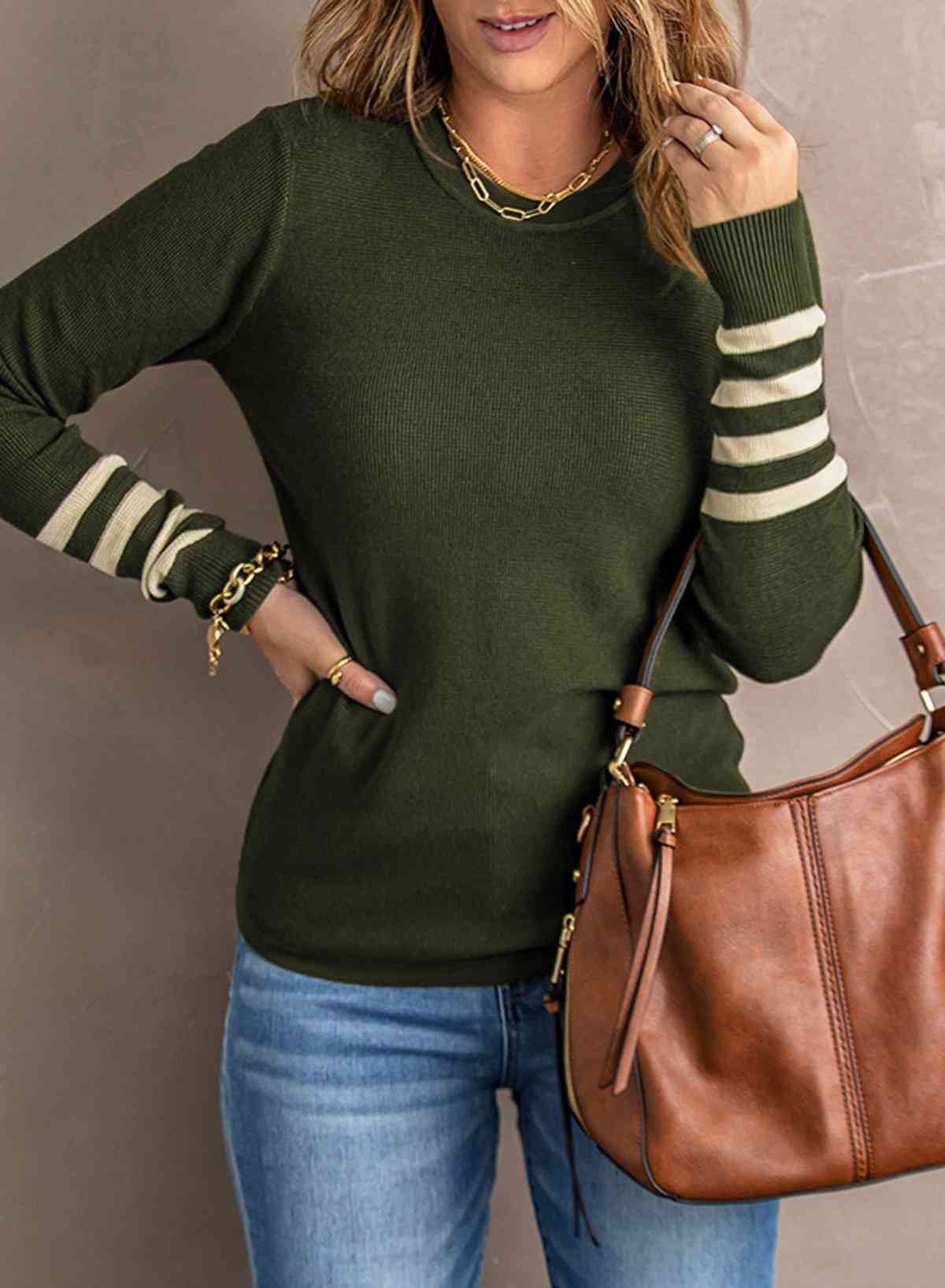 Striped Round Neck Long Sleeve Knit Top