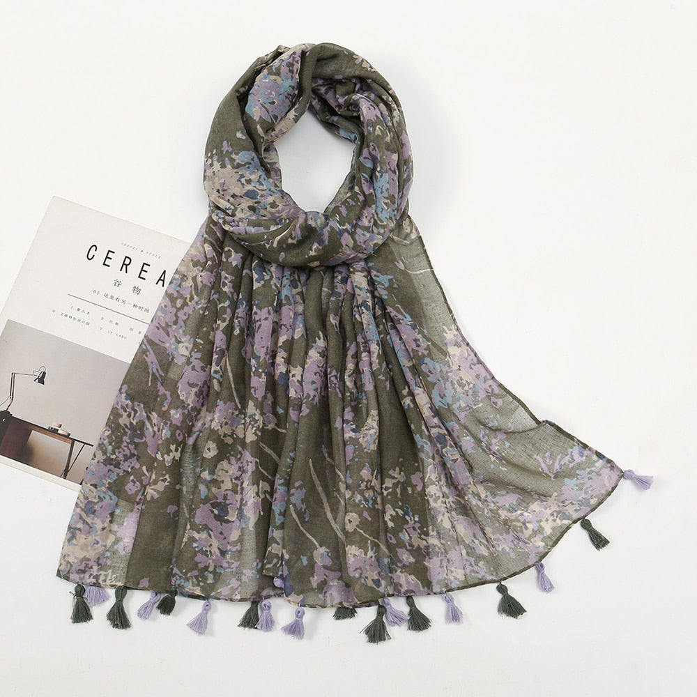 Soft Linen Fresh Floral Tassel Scarfs