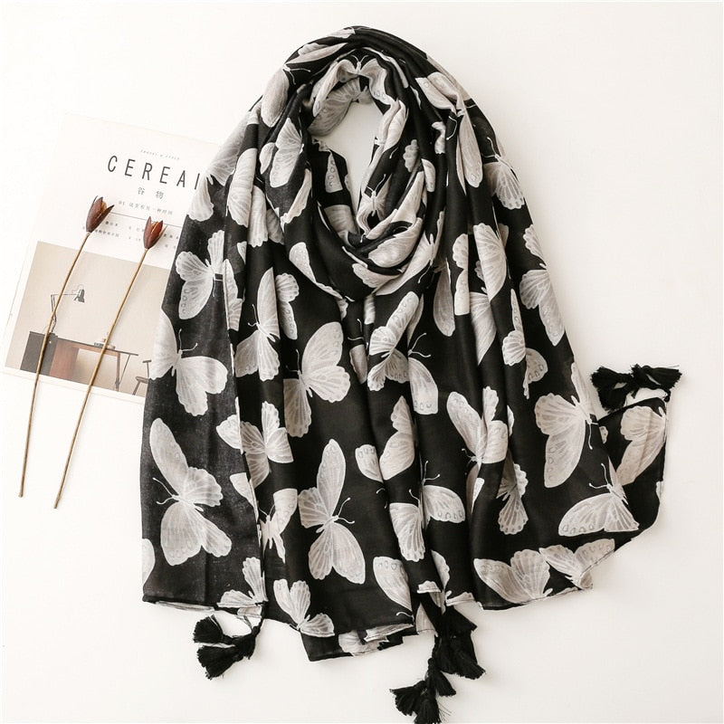 Soft Linen Fresh Floral Tassel Scarfs