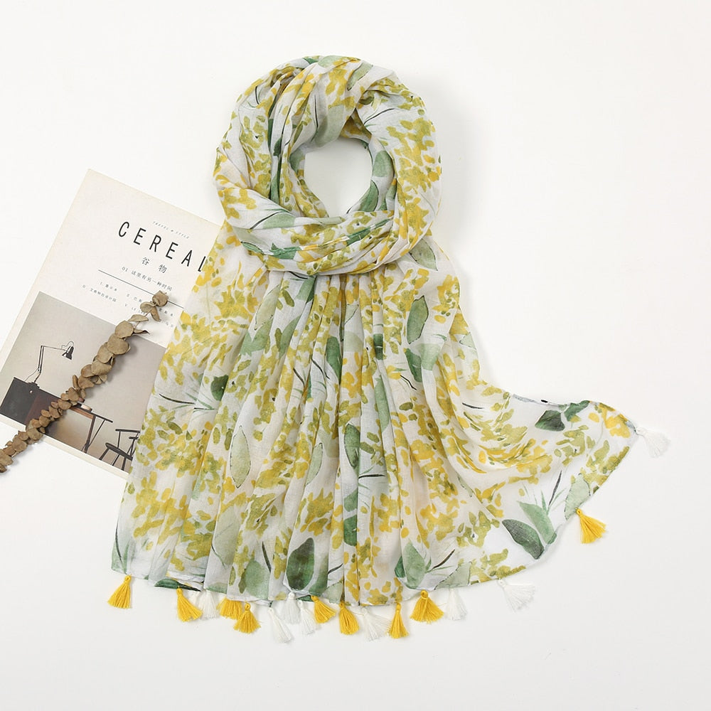 Soft Linen Fresh Floral Tassel Scarfs