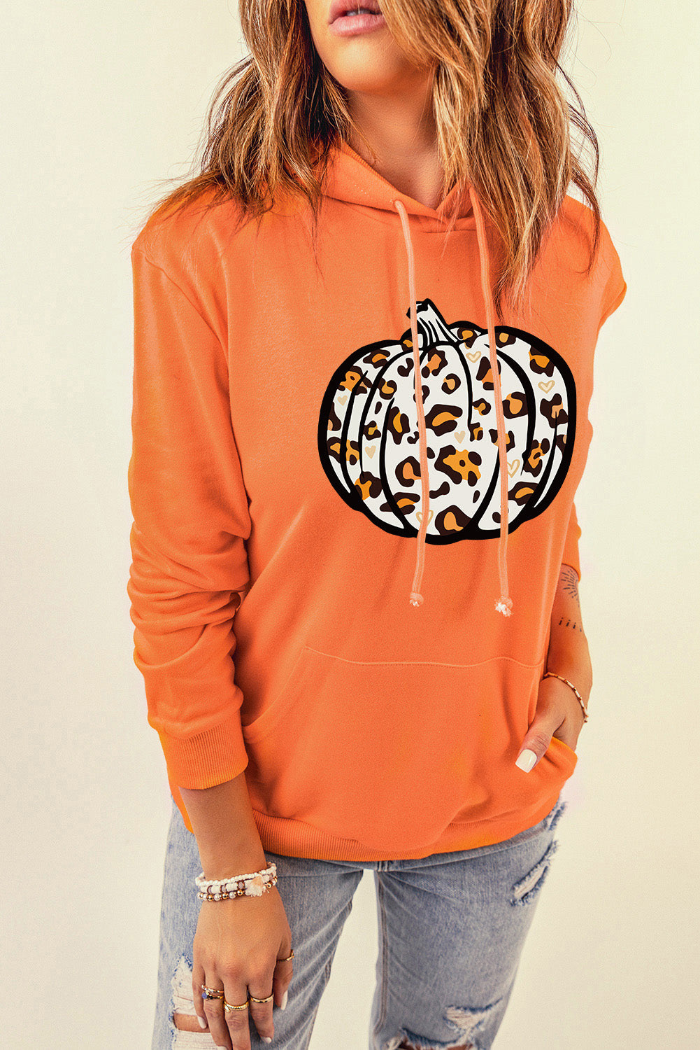 Leopard Pumpkin Graphic Hoodie with Pocket